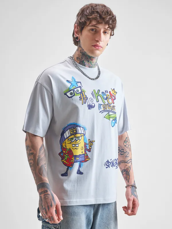 Highlander Men Grey Spongebob Squarepants Printed Round Neck Oversized Fit T-Shirt