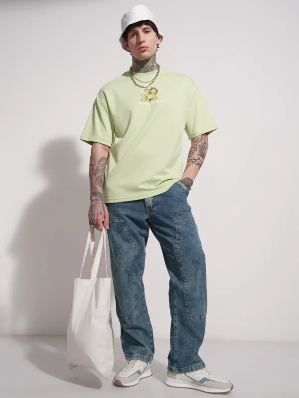 Highlander Men Green Garfield Printed Round Neck Oversized Fit T-Shirt