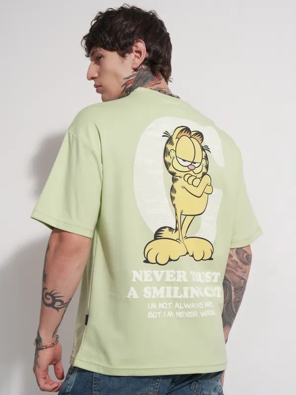 Highlander Men Green Garfield Printed Round Neck Oversized Fit T-Shirt