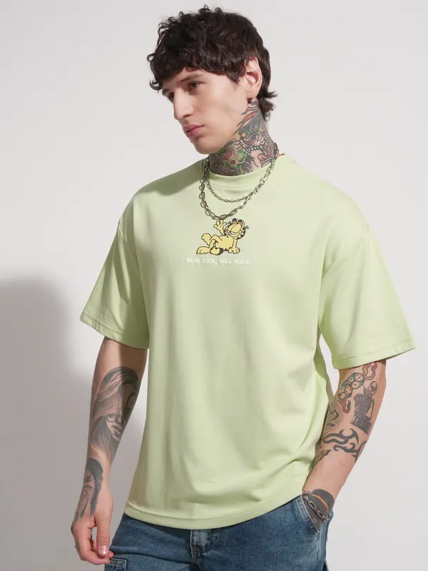 Highlander Men Green Garfield Printed Round Neck Oversized Fit T-Shirt