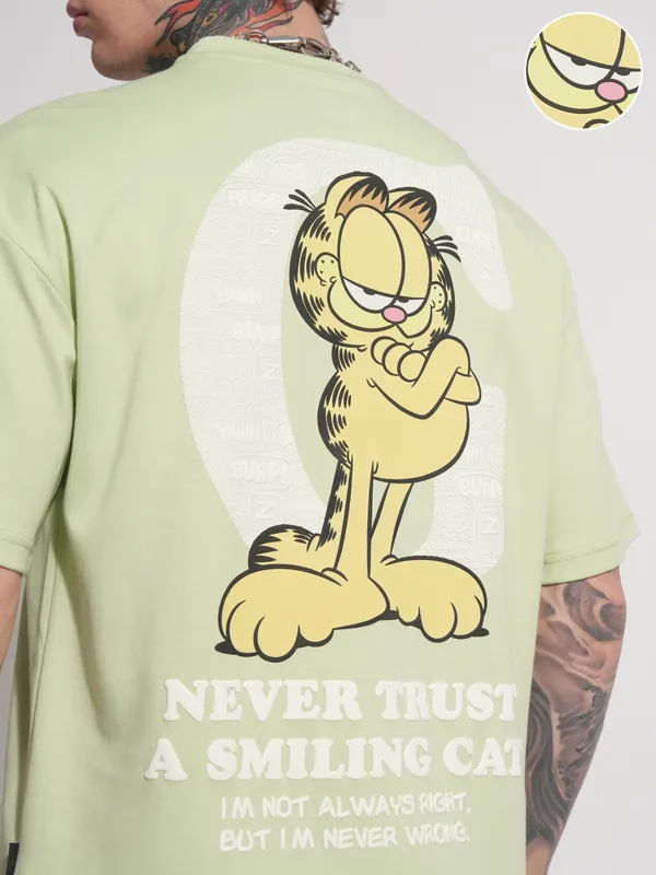 Highlander Men Green Garfield Printed Round Neck Oversized Fit T-Shirt