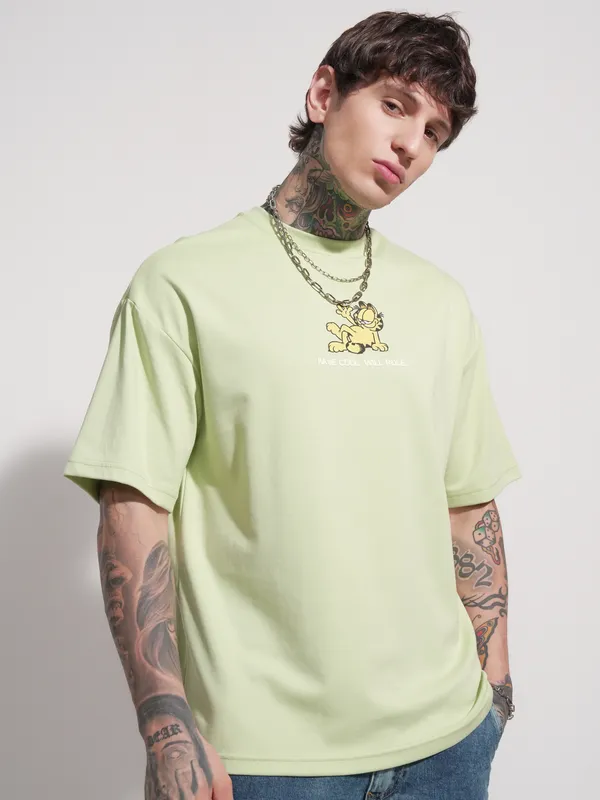 Highlander Men Green Garfield Printed Round Neck Oversized Fit T-Shirt