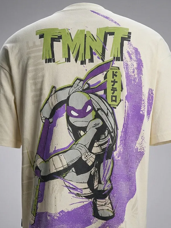Highlander Men Cream Ninja Turtles Printed Round Neck Oversized Fit T-Shirt