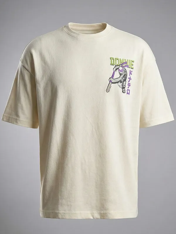 Highlander Men Cream Ninja Turtles Printed Round Neck Oversized Fit T-Shirt