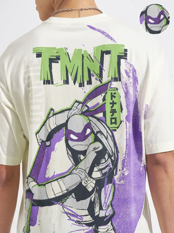 Highlander Men Cream Ninja Turtles Printed Round Neck Oversized Fit T-Shirt
