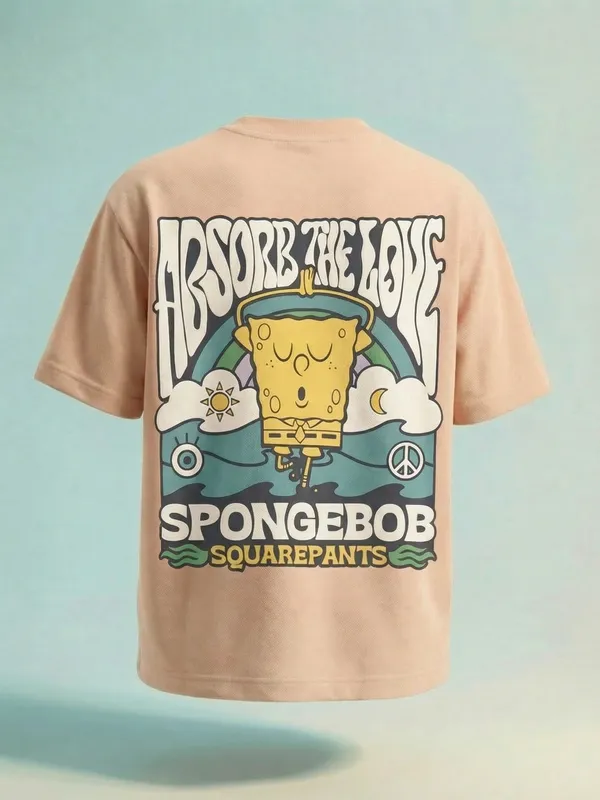 Highlander Men Peach Spongebob Squarepants Printed Round Neck T-Shirt