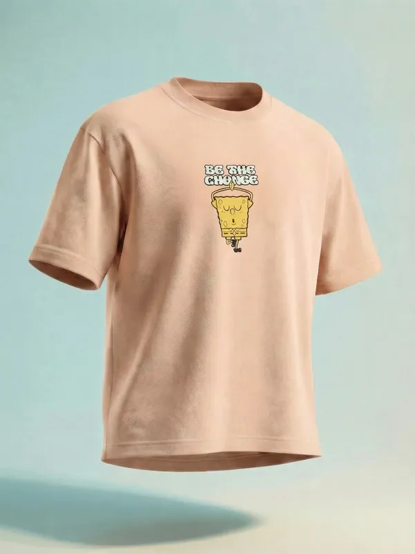 Highlander Men Peach Spongebob Squarepants Printed Round Neck T-Shirt