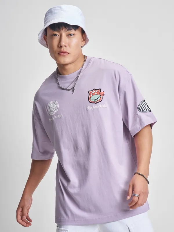 Highlander Men Lavender Ninja Turtles Printed Round Neck Oversized Fit T-Shirt