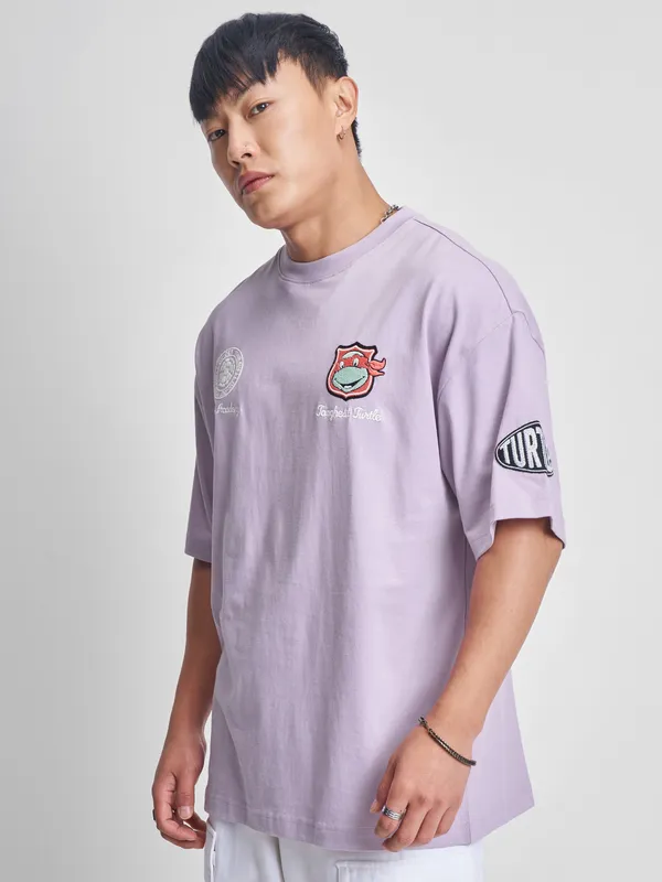 Highlander Men Lavender Ninja Turtles Printed Round Neck Oversized Fit T-Shirt