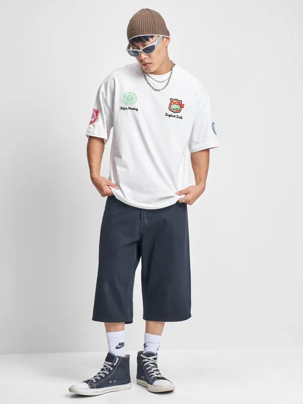 Highlander Men White Ninja Turtles Printed Round Neck Oversized Fit T-Shirt