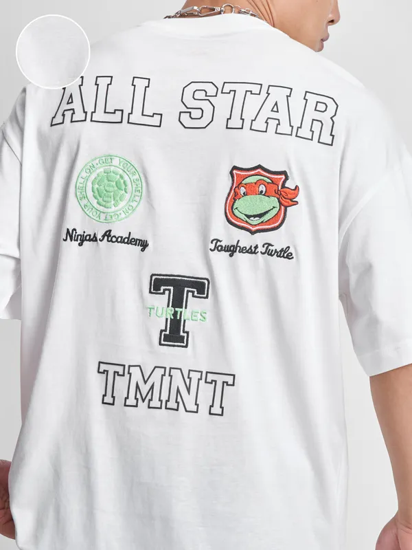 Highlander Men White Ninja Turtles Printed Round Neck Oversized Fit T-Shirt