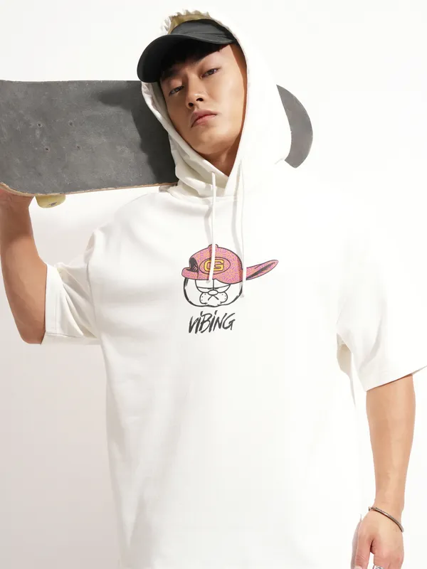 Highlander Men White Garfield Printed Hood Oversized Fit T-Shirt