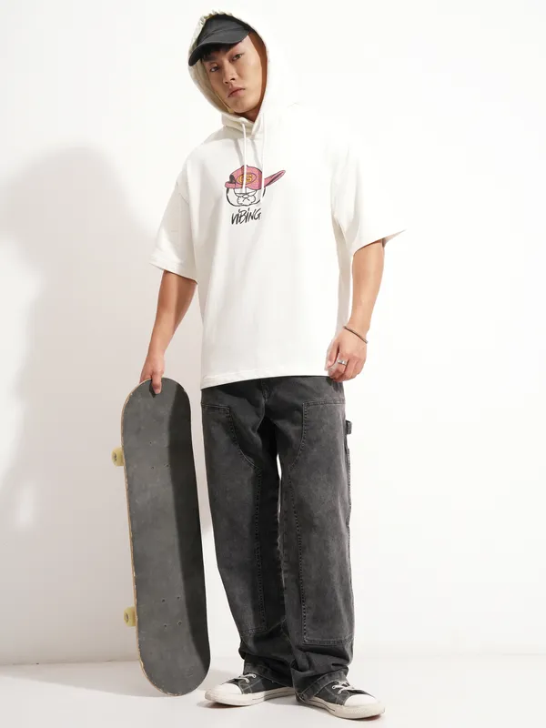 Highlander Men White Garfield Printed Hood Oversized Fit T-Shirt