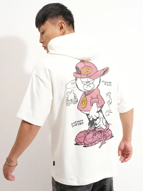 Highlander Men White Garfield Printed Hood Oversized Fit T-Shirt