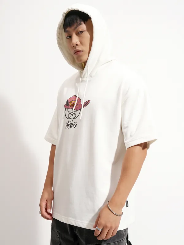 Highlander Men White Garfield Printed Hood Oversized Fit T-Shirt