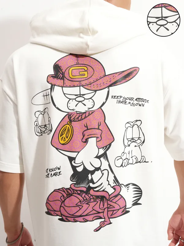Highlander Men White Garfield Printed Hood Oversized Fit T-Shirt