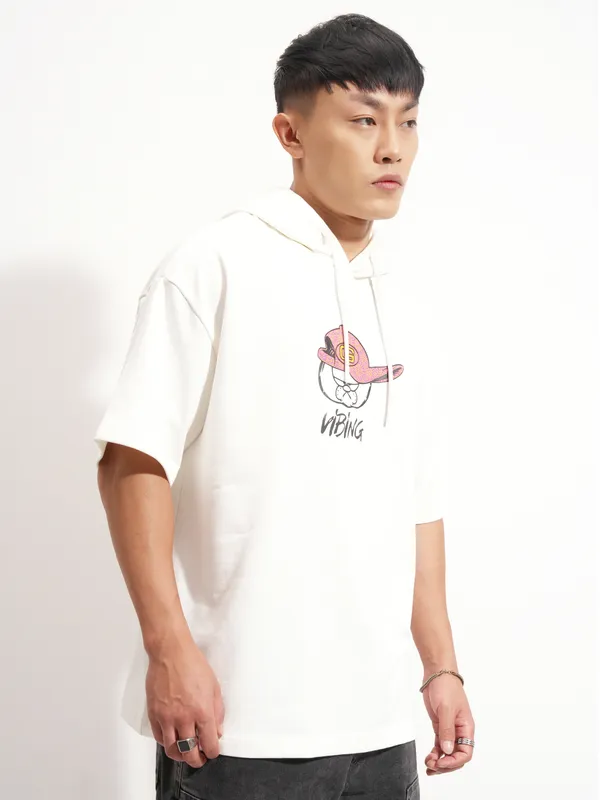 Highlander Men White Garfield Printed Hood Oversized Fit T-Shirt