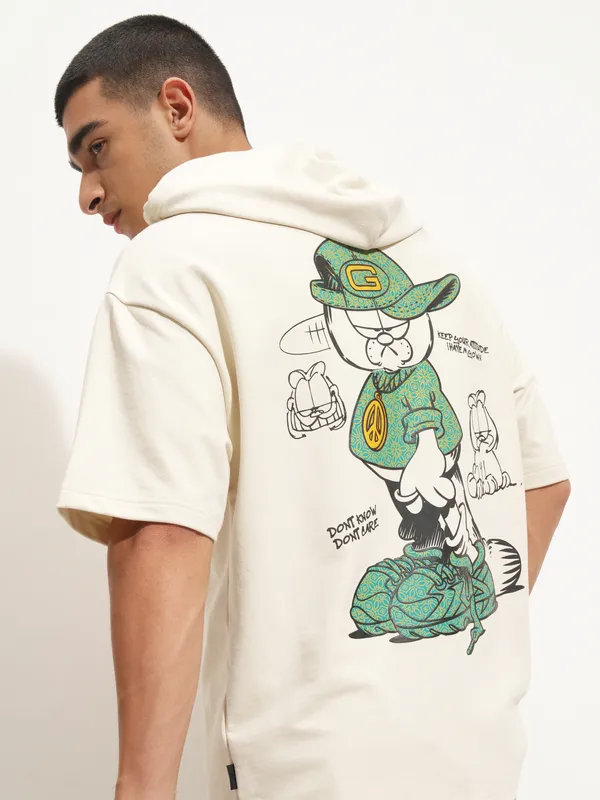 Highlander Men Cream Garfield Printed Hood Oversized Fit T-Shirt