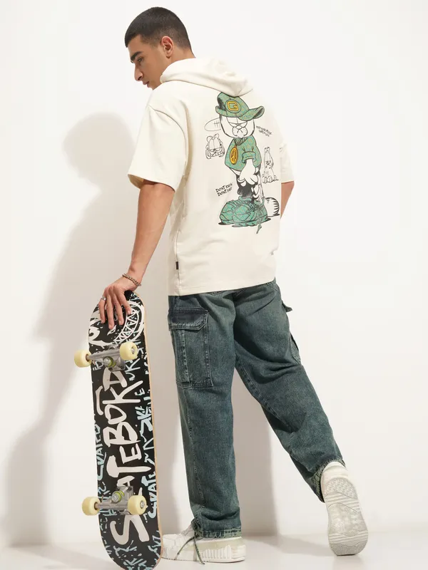 Highlander Men Cream Garfield Printed Hood Oversized Fit T-Shirt