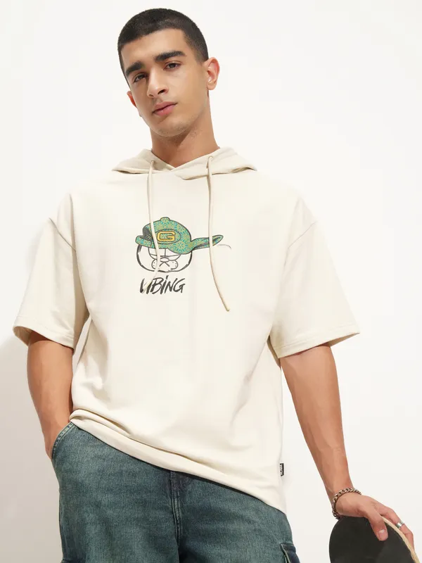Highlander Men Cream Garfield Printed Hood Oversized Fit T-Shirt