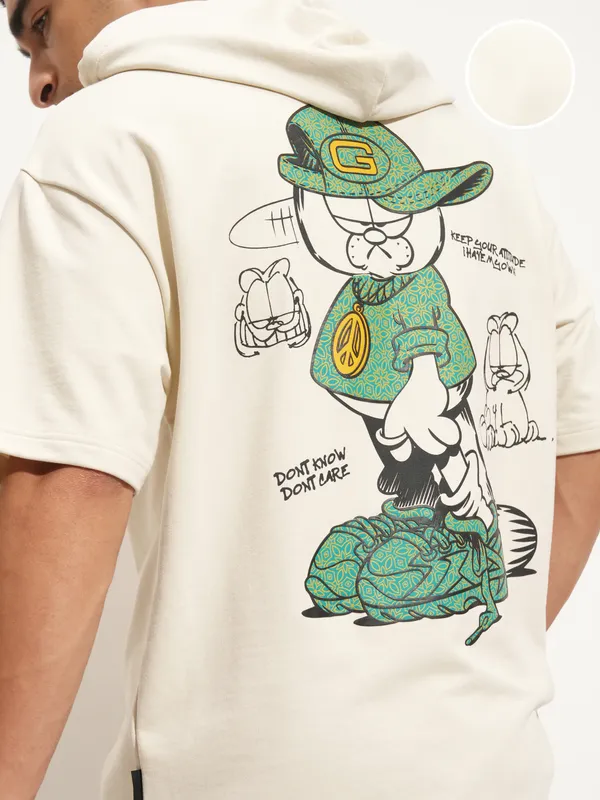 Highlander Men Cream Garfield Printed Hood Oversized Fit T-Shirt