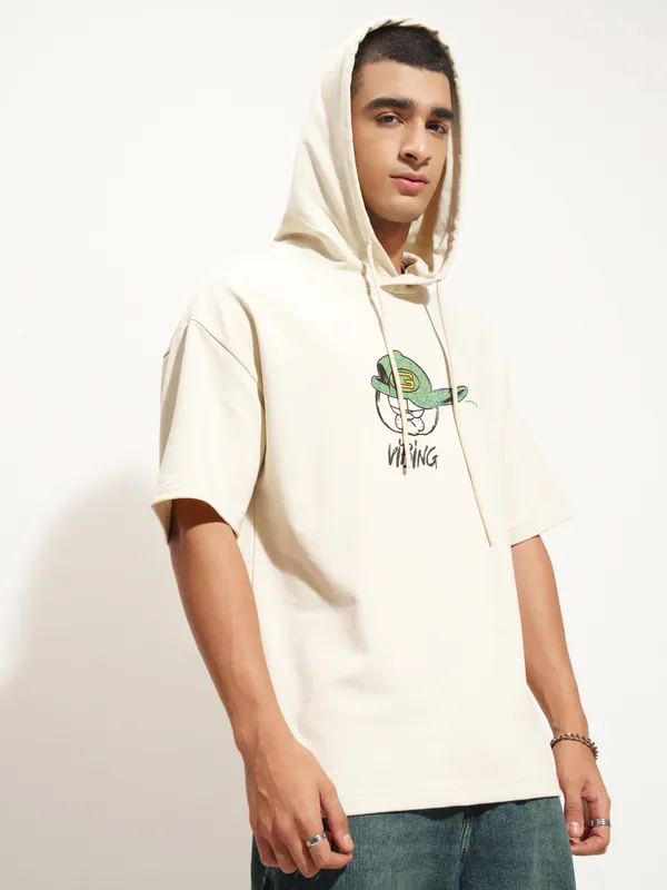 Highlander Men Cream Garfield Printed Hood Oversized Fit T-Shirt