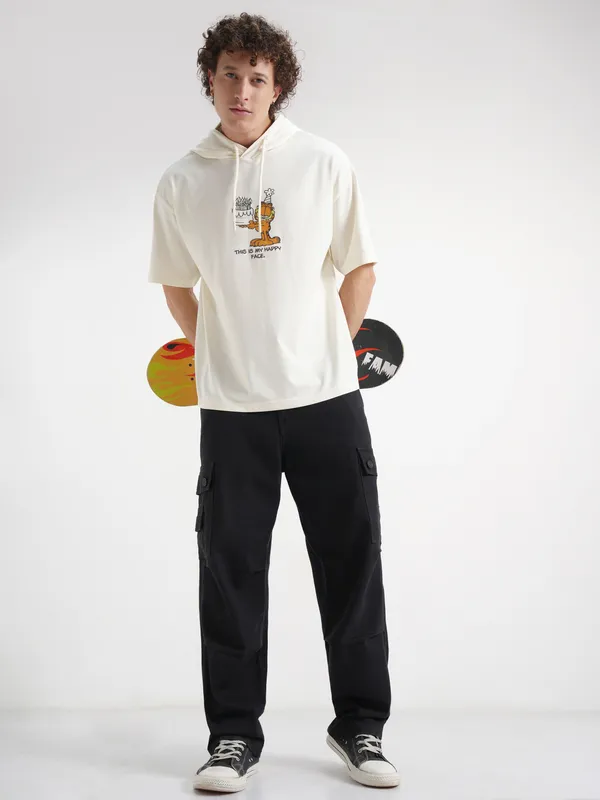 Highlander Men Cream Garfield Printed Hood Oversized Fit T-Shirt