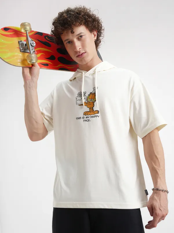 Highlander Men Cream Garfield Printed Hood Oversized Fit T-Shirt