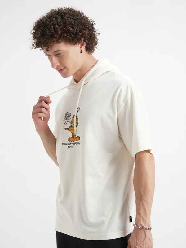 Highlander Men Cream Garfield Printed Hood Oversized Fit T-Shirt