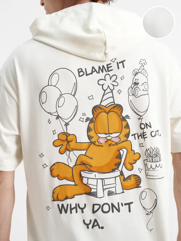 Highlander Men Cream Garfield Printed Hood Oversized Fit T-Shirt