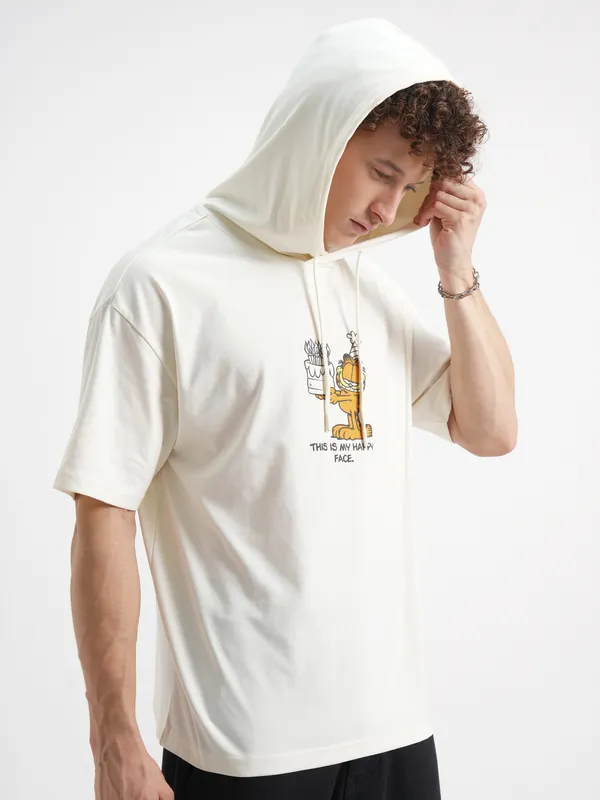 Highlander Men Cream Garfield Printed Hood Oversized Fit T-Shirt