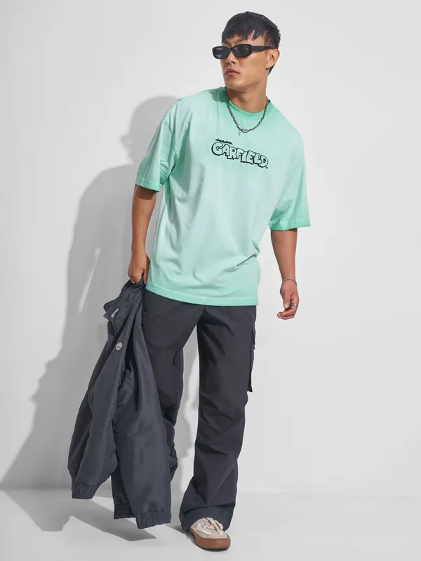 Highlander Men Teal Garfield Printed Round Neck Oversized Fit T-Shirt
