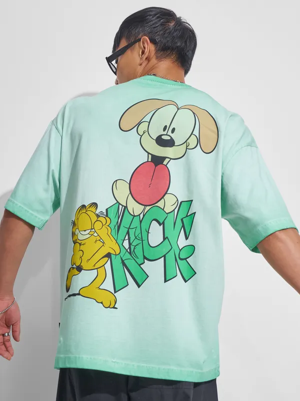 Highlander Men Teal Garfield Printed Round Neck Oversized Fit T-Shirt