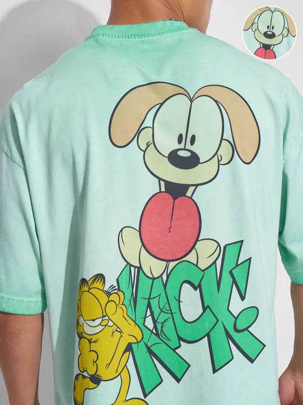 Highlander Men Teal Garfield Printed Round Neck Oversized Fit T-Shirt