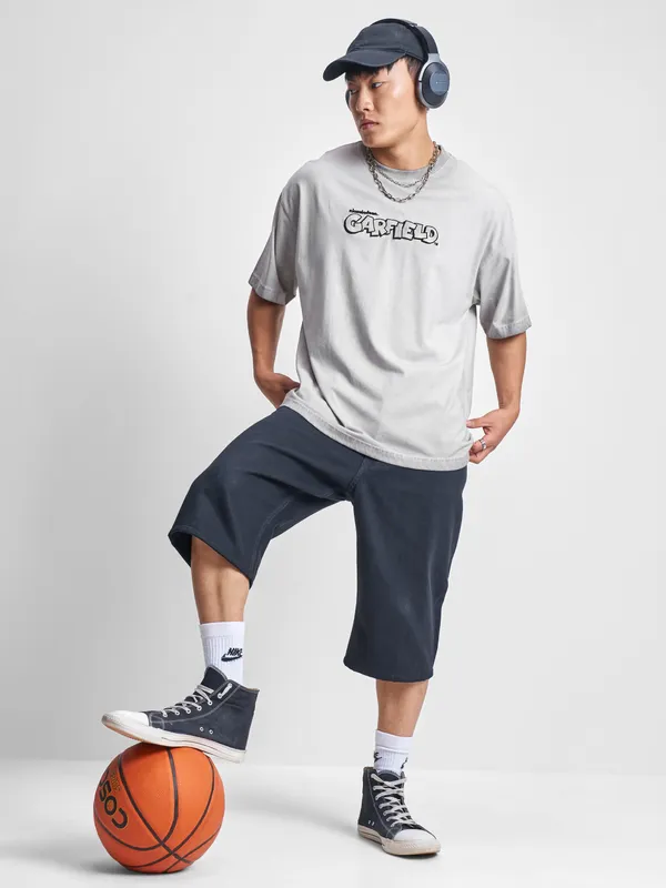 Highlander Men Grey Garfield Printed Round Neck Oversized Fit T-Shirt