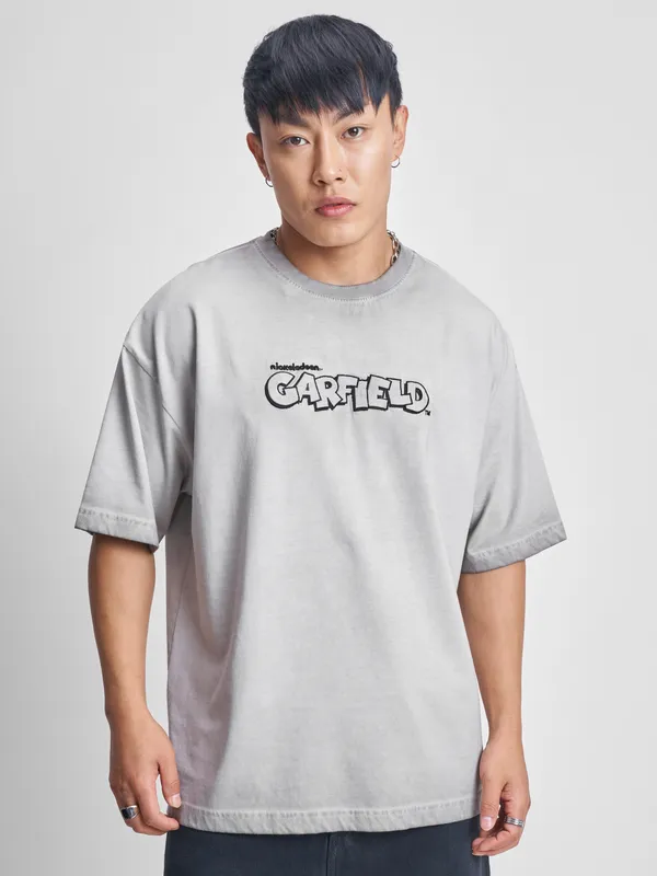 Highlander Men Grey Garfield Printed Round Neck Oversized Fit T-Shirt