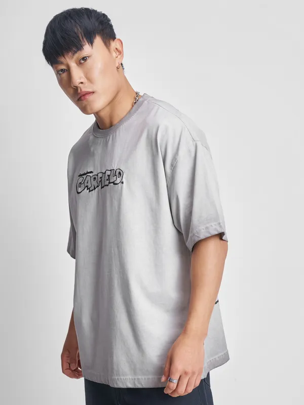 Highlander Men Grey Garfield Printed Round Neck Oversized Fit T-Shirt