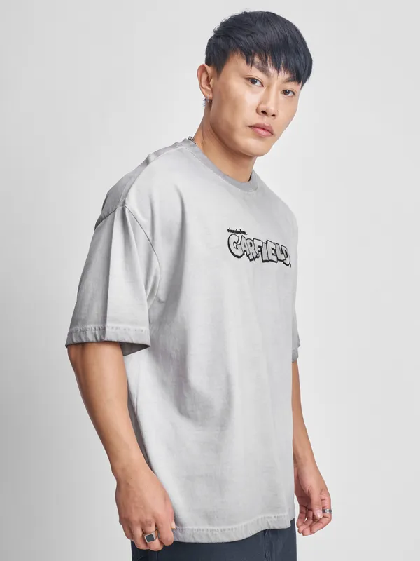 Highlander Men Grey Garfield Printed Round Neck Oversized Fit T-Shirt
