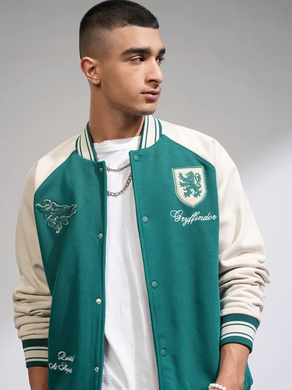 WB By Highlander Men Green Harry Potter Self Design Oversized Fit Varsity Jacket