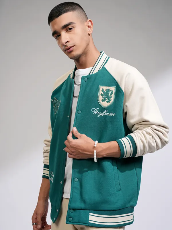 WB By Highlander Men Green Harry Potter Self Design Oversized Fit Varsity Jacket