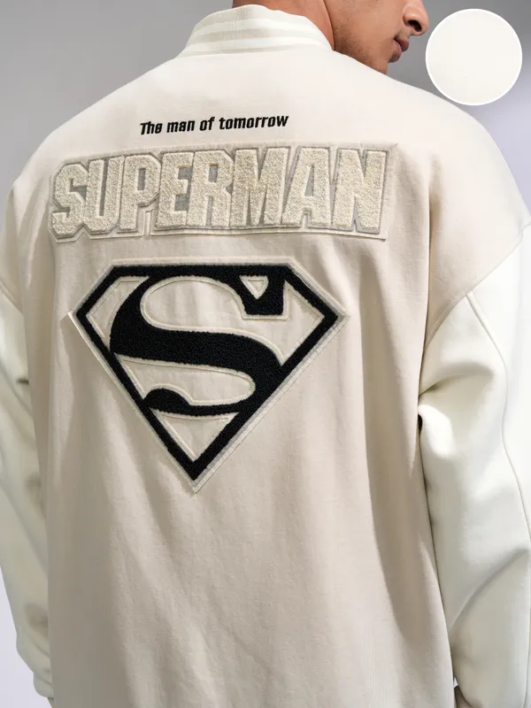 DC By Highlander Men Beige Superman Self Design Oversized Fit Varsity Jacket