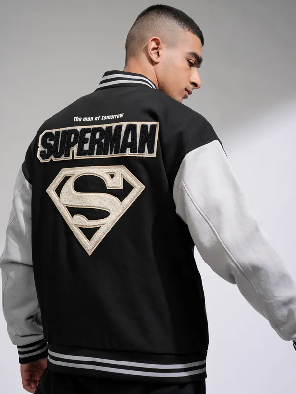 DC By Highlander Men Black Superman Self Design Oversized Fit Varsity Jacket