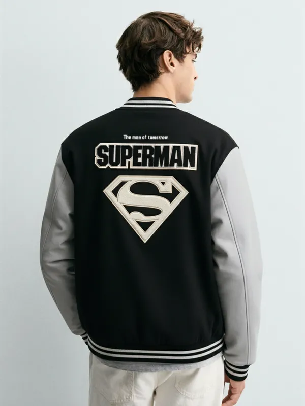 DC By Highlander Men Black Superman Printed Varsity Jacket