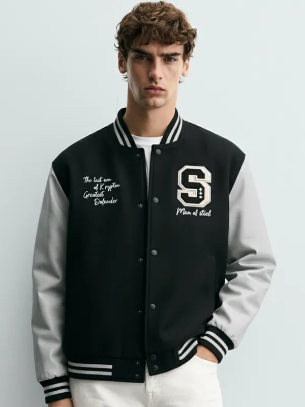 DC By Highlander Men Black Superman Printed Varsity Jacket