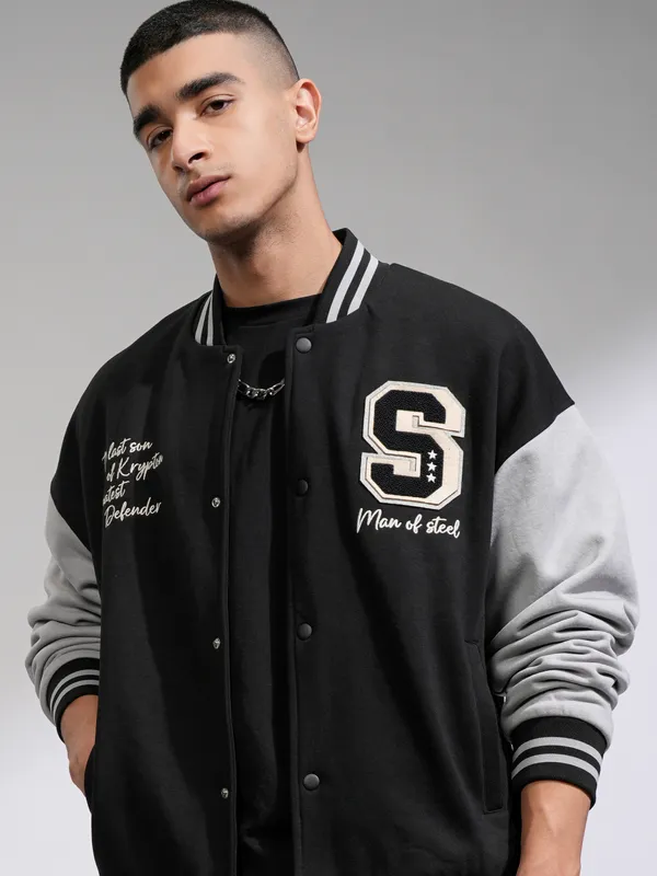 DC By Highlander Men Black Superman Printed Varsity Jacket