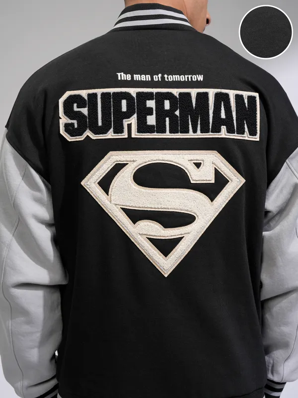 DC By Highlander Men Black Superman Printed Varsity Jacket