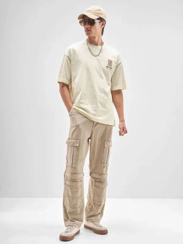 WB By Highlander Men Beige Harry Potter Applique Round Neck Applique T-Shirt