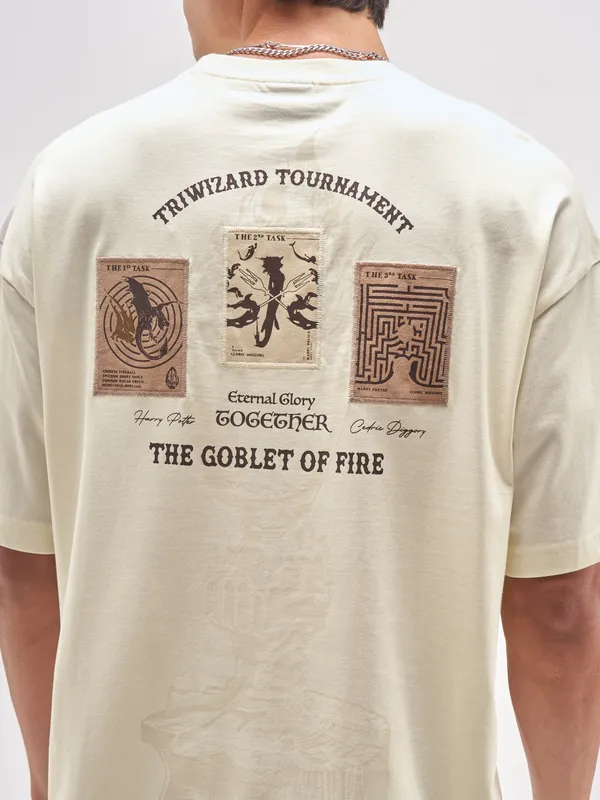 WB By Highlander Men Beige Harry Potter Applique Round Neck Applique T-Shirt