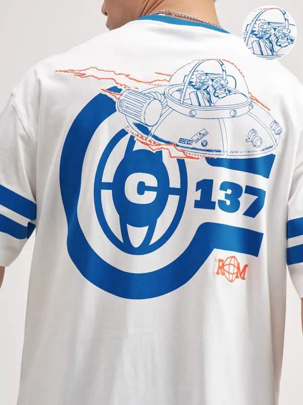 WB By Highlander Men White Rick Morty Printed Round Neck Oversized Fit T-Shirt