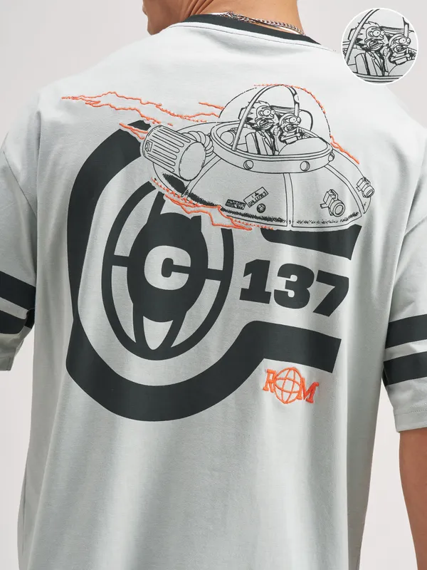 WB By Highlander Men Grey Rick And Morty Printed Round Neck Oversized fit T-Shirt